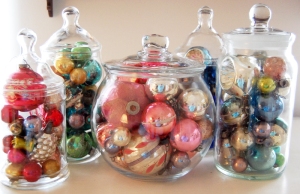 vintage christmas ornaments in jars
